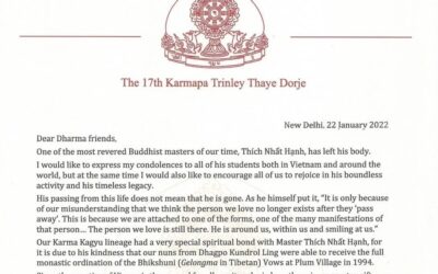 Điện thư từ Đức Pháp Vương thứ 17 dòng Gyalwa Karmapa Trinley Thaye Dorje tới tăng thân Làng Mai